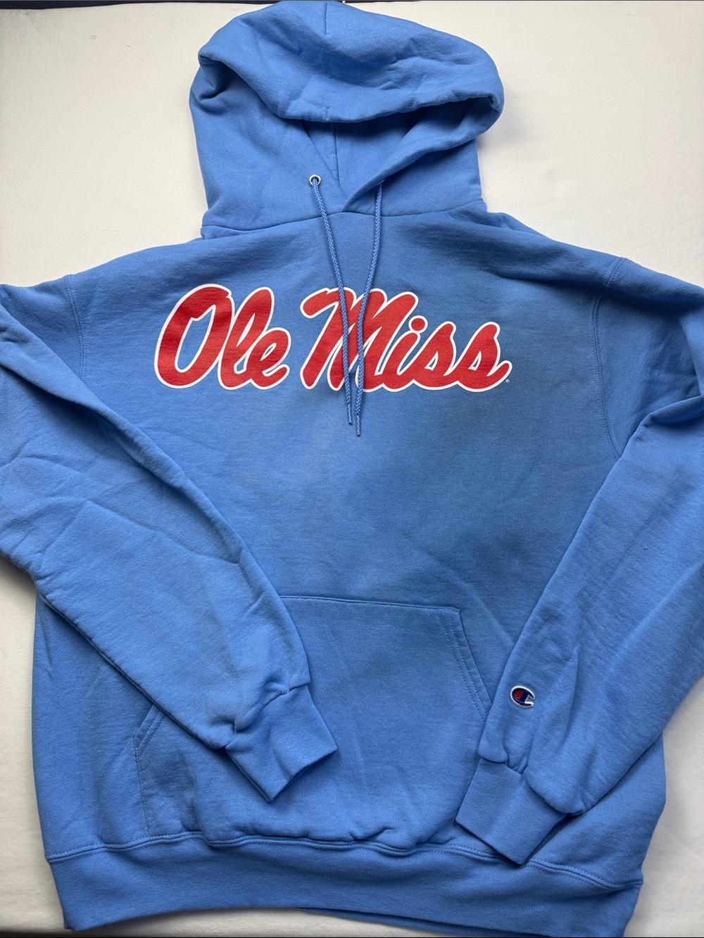 Champion Light Blue 'Ole Miss' Crewneck Hoodie with Red Script